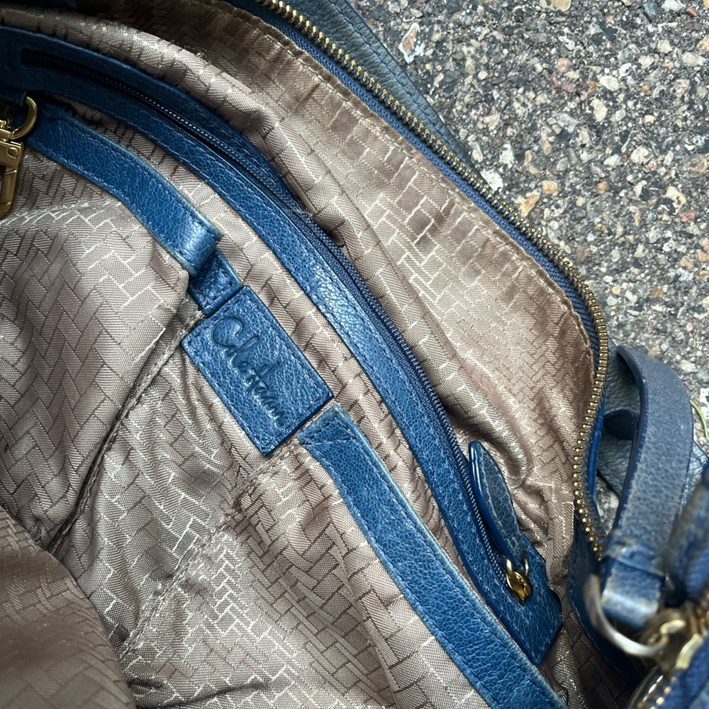Cole Haan Blue Leather Satchel Handbag Embroidered Stitching Top GoldRing Handle - Picture 5 of 6
